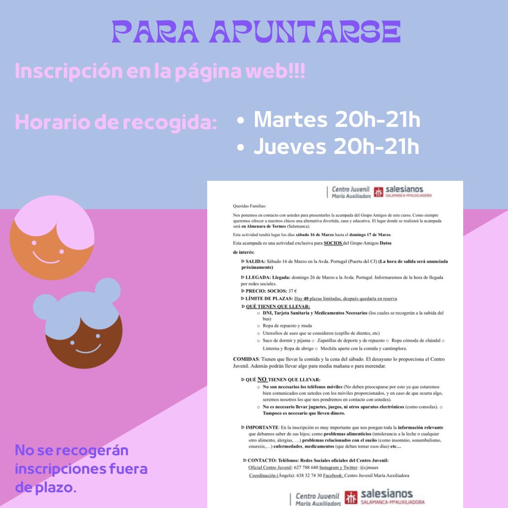 cjmaux's tweet photo. GRUPO AMIGOS
Hola familias!✨
Os traemos una gran noticia: NOS VAMOS DE ACAMPADA!
Vamos a ir a Almenara de Tormes. Salimos el sábado 16 y volvemos el domingo 17.
La actividad es sólo para socios, y cuesta 37€. 
Hay plazas limitadas así que no tardes en apuntarte! Nos vemos allí! https://t.co/pXuj8MpQW9