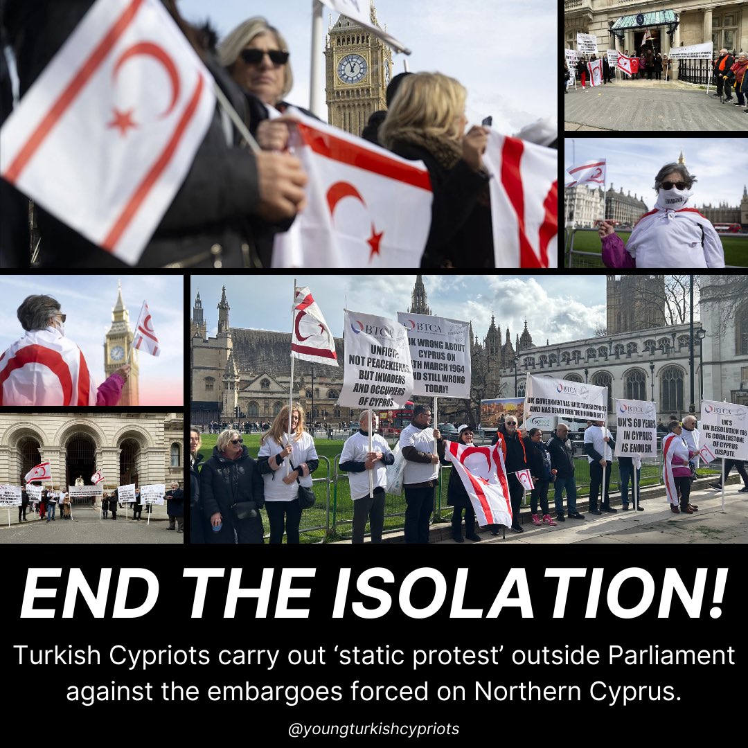 Young_Turk_Cyp's tweet image. TURKISH CYPRIOTS PROTEST THE ISOLATION OF NORTHERN CYPRUS OUTSIDE PARLIAMENT.

Today marked 60 years of Turkish Cypriot isolation. Dozens of British Turkish Cypriots protested the UK government’s role in maintaining this injustice.

#EndTheIsolation #Embargoed