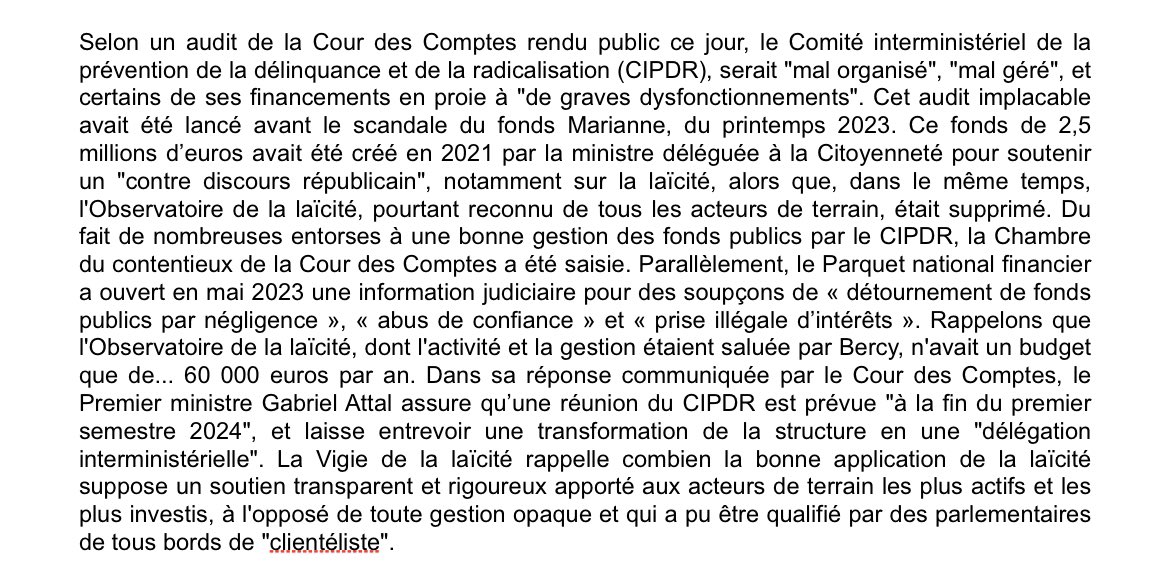 VigieLaicite's tweet photo. Communiqué de la Vigie de la laïcité suite au rapport accablant de la Cour des Comptes sur la gestion du CIPDR et notamment concernant le fonds Marianne 👉 https://t.co/gH0995PvVb