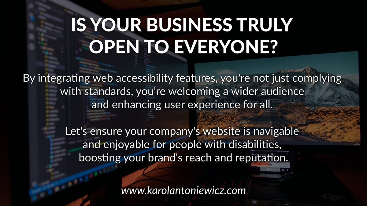 Is your business truly open to everyone? 🌐🤝 

Let's work together to create a more inclusive digital world.

karolantoniewicz.com

#accessibilitymatters #InclusiveWeb #accessibility

Foto: Fotis Fotopoulos @ unsplash