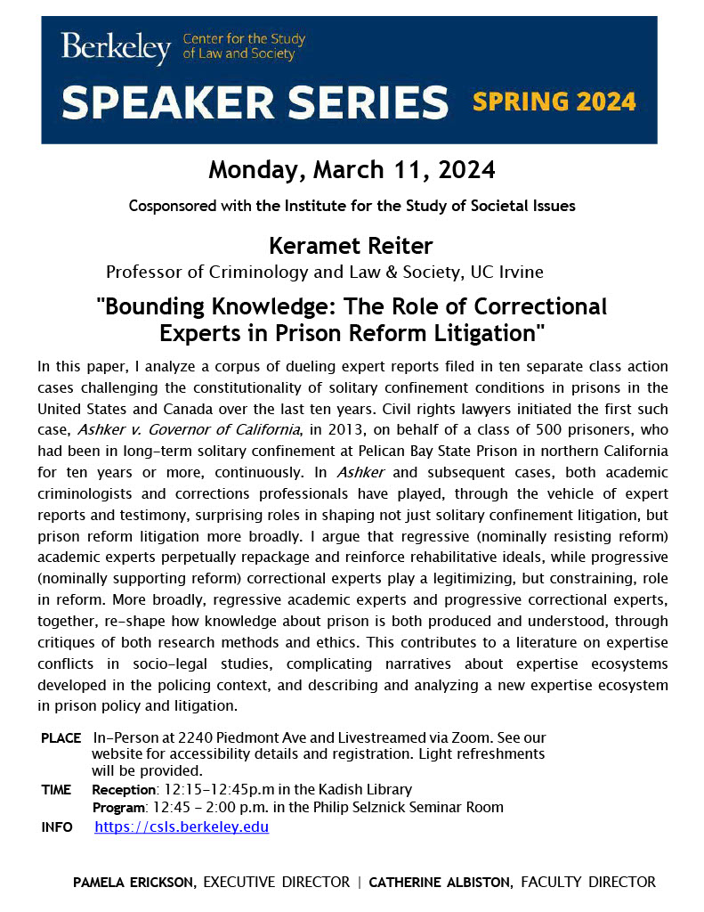 We warmly invite you to join us for our upcoming Speaker Series event: 'Bounding Knowledge: The Role of Correctional Experts in Prison Reform Litigation' held In-Person and Livestreamed via Zoom, Monday 3/11. Registration and accessibility details: rb.gy/pltjm