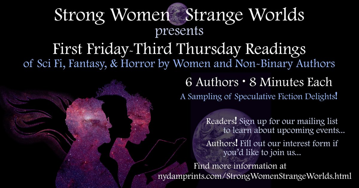 6 authors, 8 minutes each - come find your next favorite #speculativefiction read by #womenauthors and #nonbinaryauthors with us! #sciencefiction, #Fantasy, #Horror, #EnbyAuthors #AuthorReading **FREE*

Next event 3/21 at 7pm EST. Register at this link:
tinyurl.com/m5n37k5n