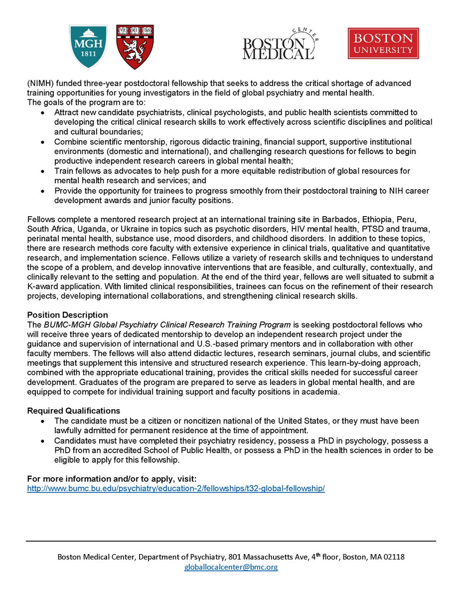 The BUMC-MGH Global Psychiatry Clinical Research Training Program is currently accepting applications for a 3-year #postdoc fellowship!

For more info/to apply: bumc.bu.edu/psychiatry/edu…