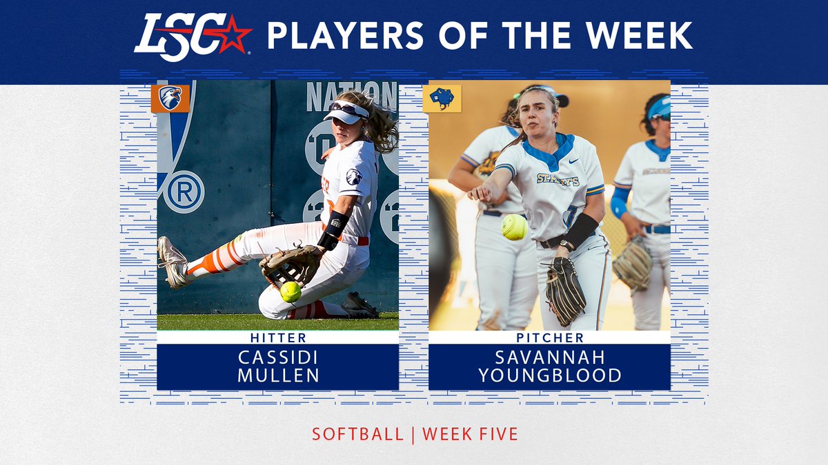 #LSCsb  Players of the Week #5 🥎

Hitter: Cassidi Mullen, <a href="/uttylerpatriots/">UT Tyler Patriots</a> 

Pitcher: Savannah Youngblood, <a href="/StMarysRattlers/">St. Mary's Rattlers</a> 

🔗 bit.ly/432nRUN

#D2SB