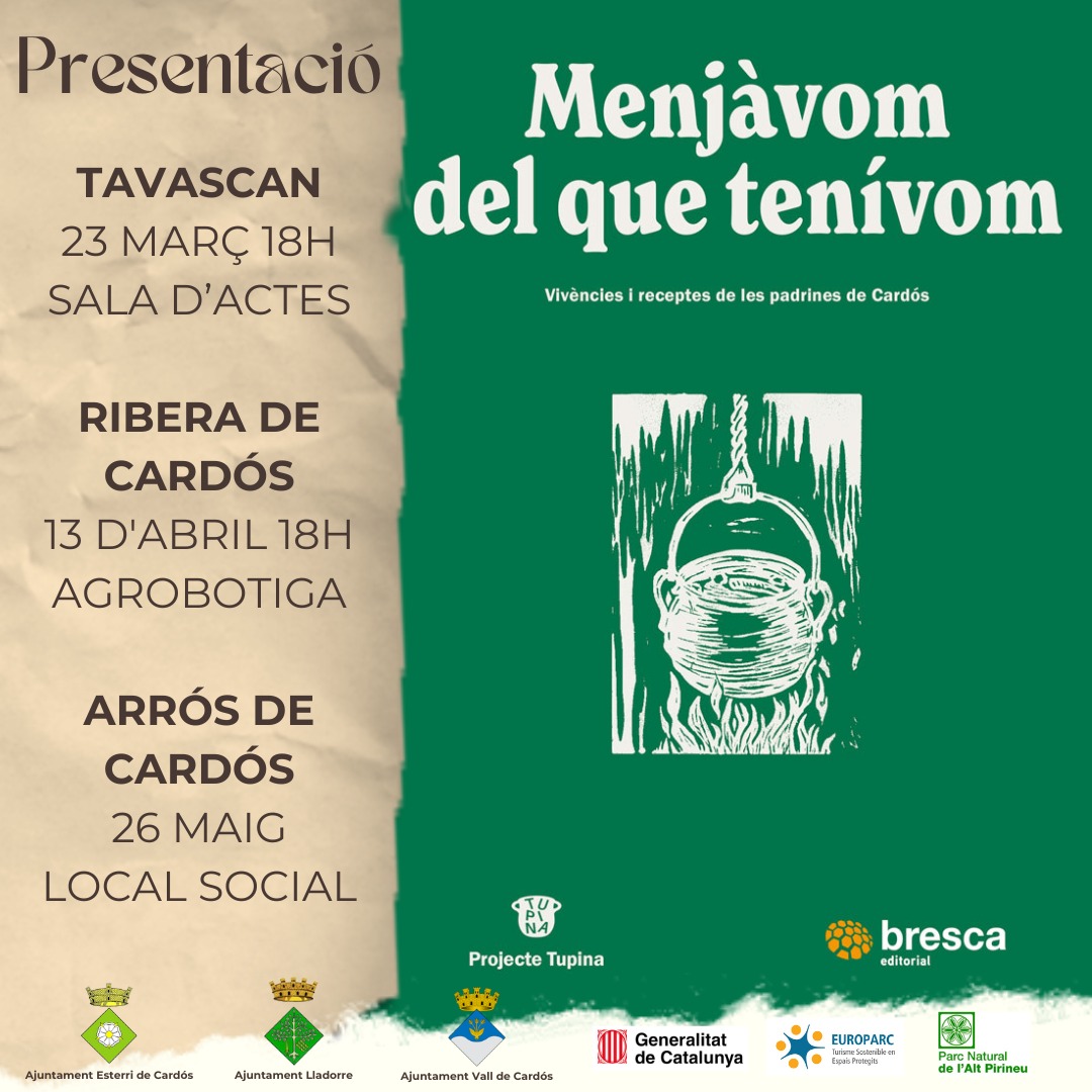 pnaltpirineu's tweet photo. Presentacions del nou llibre "Menjàvom del que tenívom" sobre vivències i receptes 🍛 de les padrines de Cardós 👩🏻‍🦳

Realitzat pels tres ajuntaments de Cardós i el #PNAltPirineu en el marc del Projecte de Tupina de recuperació de la memòria oral cardosenca.

Us hi esperem! 😉 https://t.co/J6gGHmNzBf