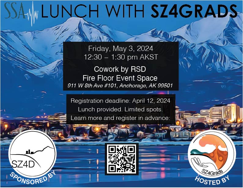 Attending the <a href="/SeismoSocietyAm/">SSA</a> Annual Meeting in #Anchorage in May? SZ4Grads is hosting an <a href="/SZ4D1/">SZ4D</a> sponsored luncheon for grad students &amp; recent graduates to connect over a free lunch. See flyer for details. Limited spots. Register in advance at: docs.google.com/forms/d/e/1FAI…