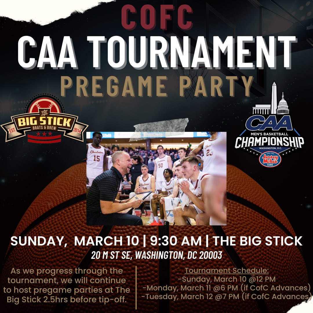 cofcathleticfnd's tweet photo. Join us at The Big Stick for a pregame party on Sunday, March 10 at 9:30 AM! Complimentary appetizers, game day swag, and one complimentary ticket for an adult beverage will be provided upon signing in at the door. See you there! Go Cougs! https://t.co/uRDf8FiFSe