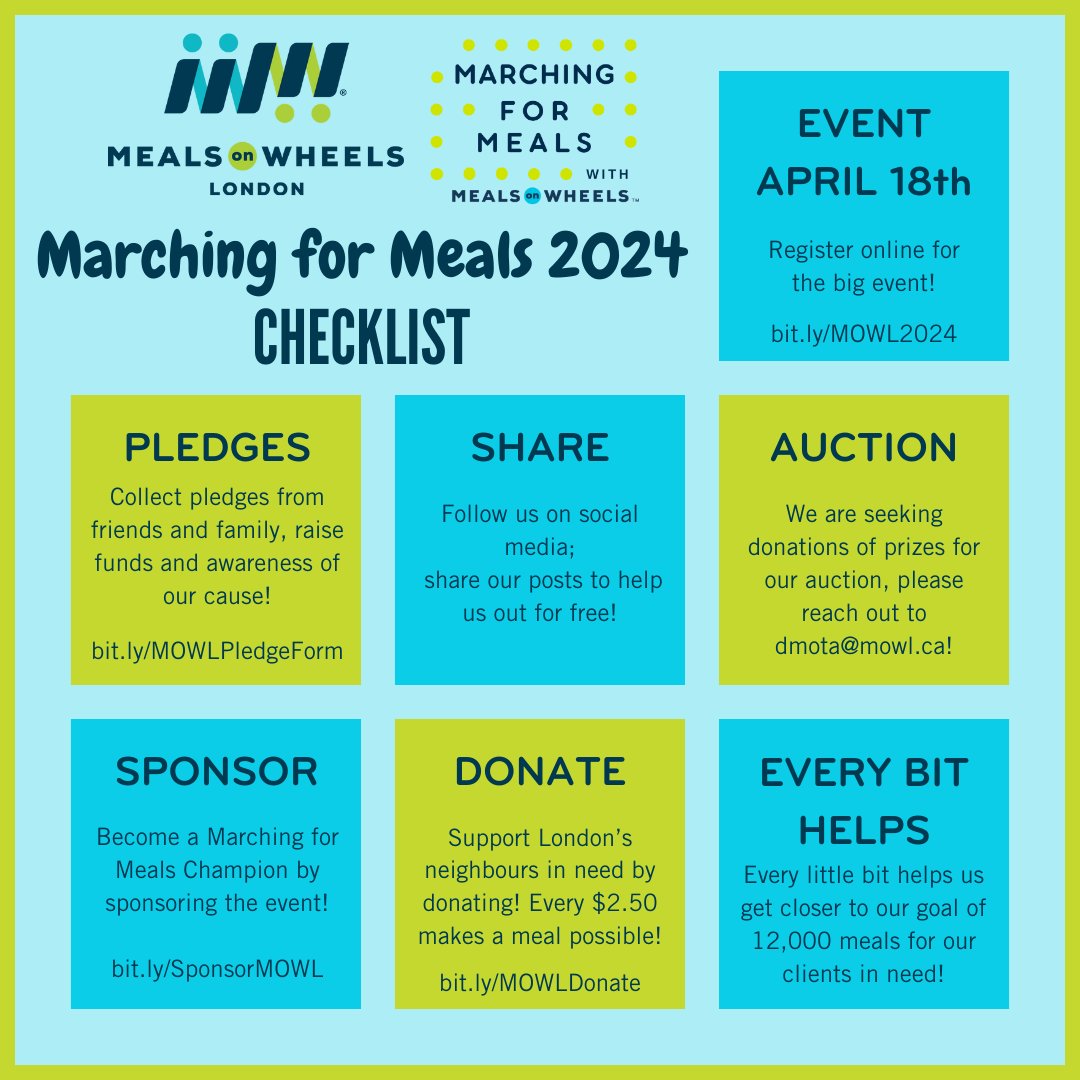 Are you #MarchingForMeals ready? Our checklist will prepare you & help #LdnOnt's neighbours in need get the services they count on!✅ Register: bit.ly/MOWL2024 👟 Donate: bit.ly/MOWLDonate 💙 Pledge: bit.ly/MOWLPledgeForm 📜 Sponsor: bit.ly/SponsorMOWL 🤝