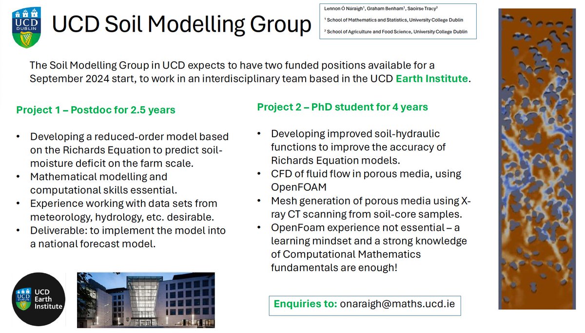 UCD Maths and Stats (@ucdmathstat) on Twitter photo The UCD Soil Modelling Group (Lennon O'Narraigh, Graham Benham and Saoirse Tracy) will have funding for 1 PhD student and 1 Postdoc to work on a very interesting project starting in September.  See attached below for more details. The UCD Soil Modelling Group (Lennon O'Narraigh, Graham Benham and Saoirse Tracy) will have funding for 1 PhD student and 1 Postdoc to work on a very interesting project starting in September.  See attached below for more details.