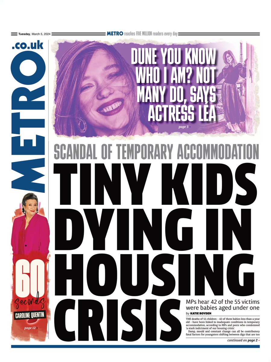 Tuesday's METRO: Tiny kids dying in housing crisis
#TomorrowsPapersToday