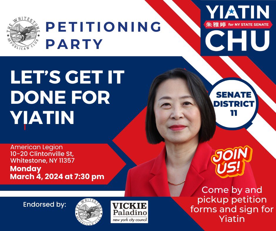 TONIGHT! The Whitestone Republican Club will be hosting a petition pizza party at the American Legion in support of @YiatinforNY and @JoshEisenNY !!! Come by at 7:30 and support our Republican, Common-Sense canidates!!!