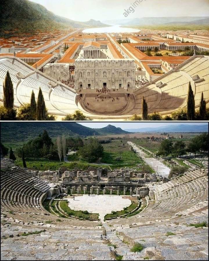 A view of the theatre of Ephesus in present day Turkey. Then and now.