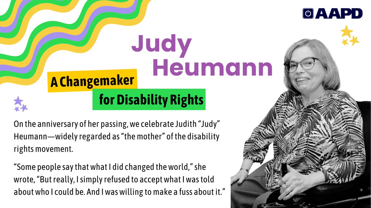 One year ago today we lost Judy Heumann, “the mother” of the disability rights movement, and an AAPD board member, mentor, and friend. Her work changed laws & urged us to defy limits. We miss her so much! 1/ #WomensHistoryMonth #JudyHeumann