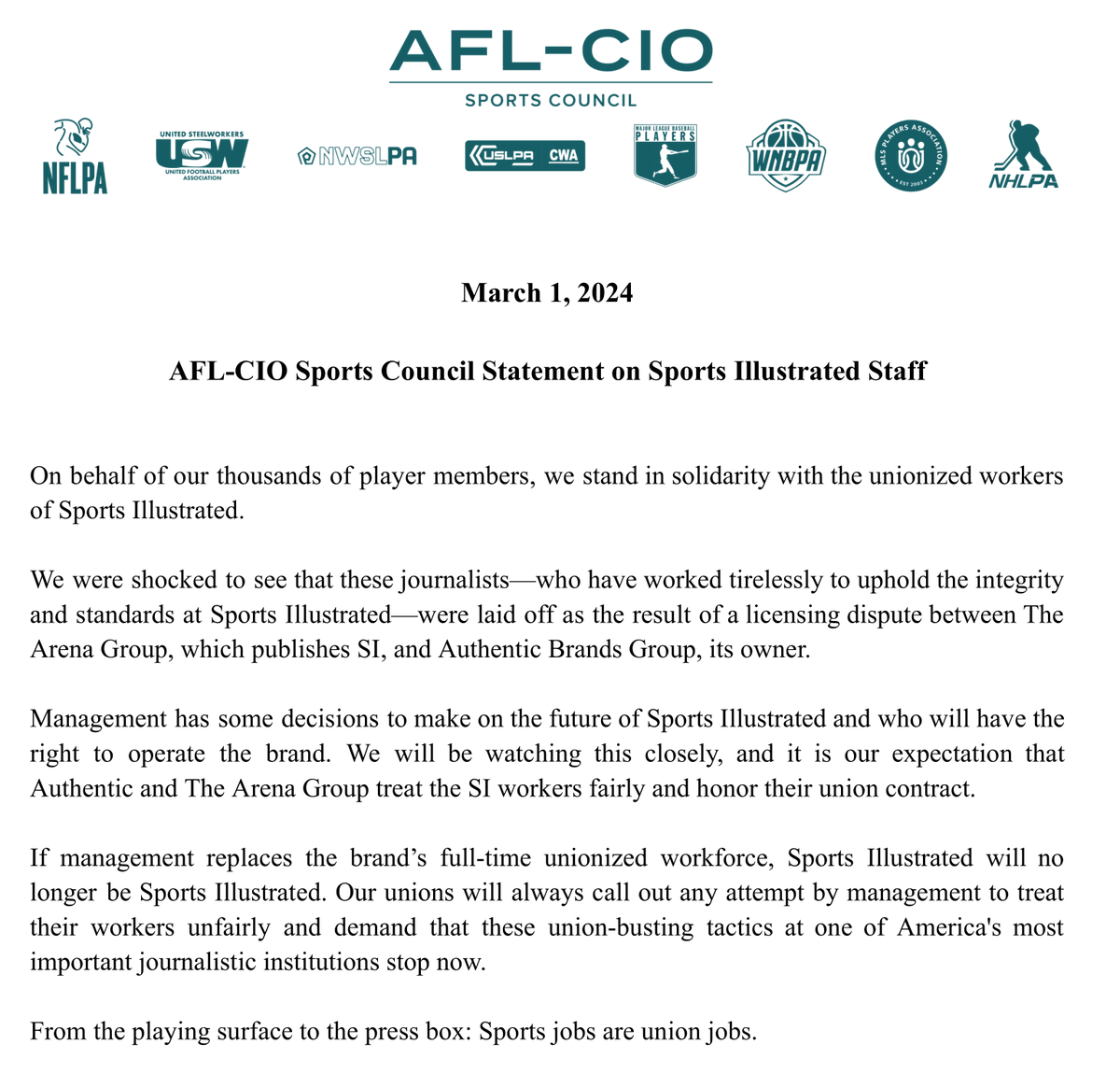 The Players Associations of the NFL, MLB, WNBA, NHLPA, MLS, NWSL and USL all say they're out on Sports Illustrated if it doesn't have its union members. 

Read their statement through the AFL-CIO Sports Council below 👇