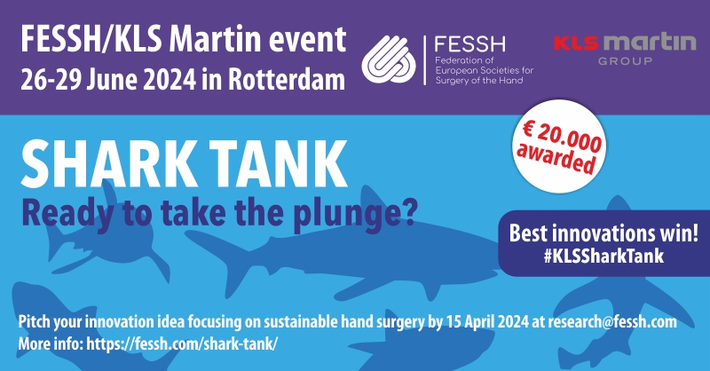 Deadline extended! Shark Tank Award supported by KLS Martin in 2024! The award is €10.000 for the 1st prize, and €5.000 for the 2nd and 3rd prize each. 'SUSTAINABILITY' Submission DEADLINE: 15.04. 2024 For more info visit: fessh.com/shark-tank/ #fessh #handsurgery #research