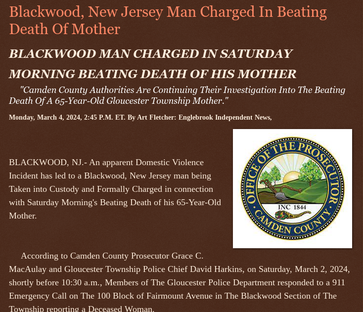 ArtFletcher9's tweet photo. Monday, March 4, 2024
#Blackwoodnj Man #Charged In #BeatingDeath Of #Mother #BLACKWOOD MAN #CHARGED IN @SATURDAYMORNING @BEATING #DEATH OF HIS @MOTHER @son #camdencountynj @GloucesterTownshipnj @wireless_step @HRG_Media @Breaking911 @Breaking24_7 @MichelleF_35 @gator4kb18 @TrumpWasRite @Heather46389844 @SugarMAGA @KathyKbrose @juliepatriot67 @julie_dutto @Y6s8D8vmnCo394k @jebreel1990 @RobGerundo @jimstemen @JimBobW49 @musthavetruth77 @111MagaJen @TrumpsChampion @US @Daytobehappy @ECOAlphaTango @steder74 @Tampabayboo @mericanaf7