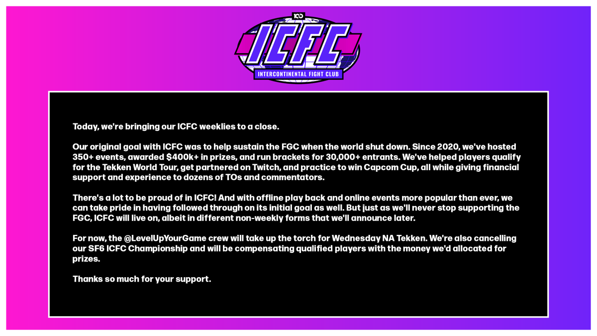 We have an important update about our long-running weekly online tournament series Intercontinental Fight Club, or ICFC.