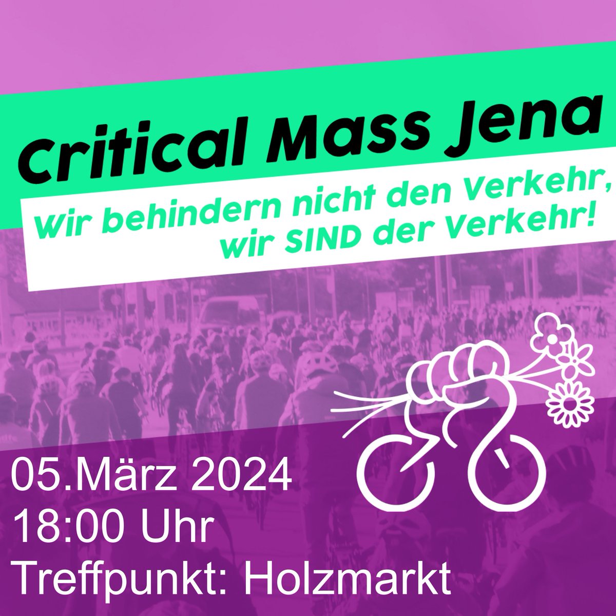 Kommt mit zur ersten regulären Critical Mass in Jena. Los geht es am 5.3.2024 um 18:00 Uhr auf dem Holzmarkt.
Der Radverkehrsplan ist noch nicht verabschiedet und wir wollen zeigen, dass es viele Radfahrer in Jena gibt, die einer Abschwächung nicht zustimmen werden. @jenaertweets