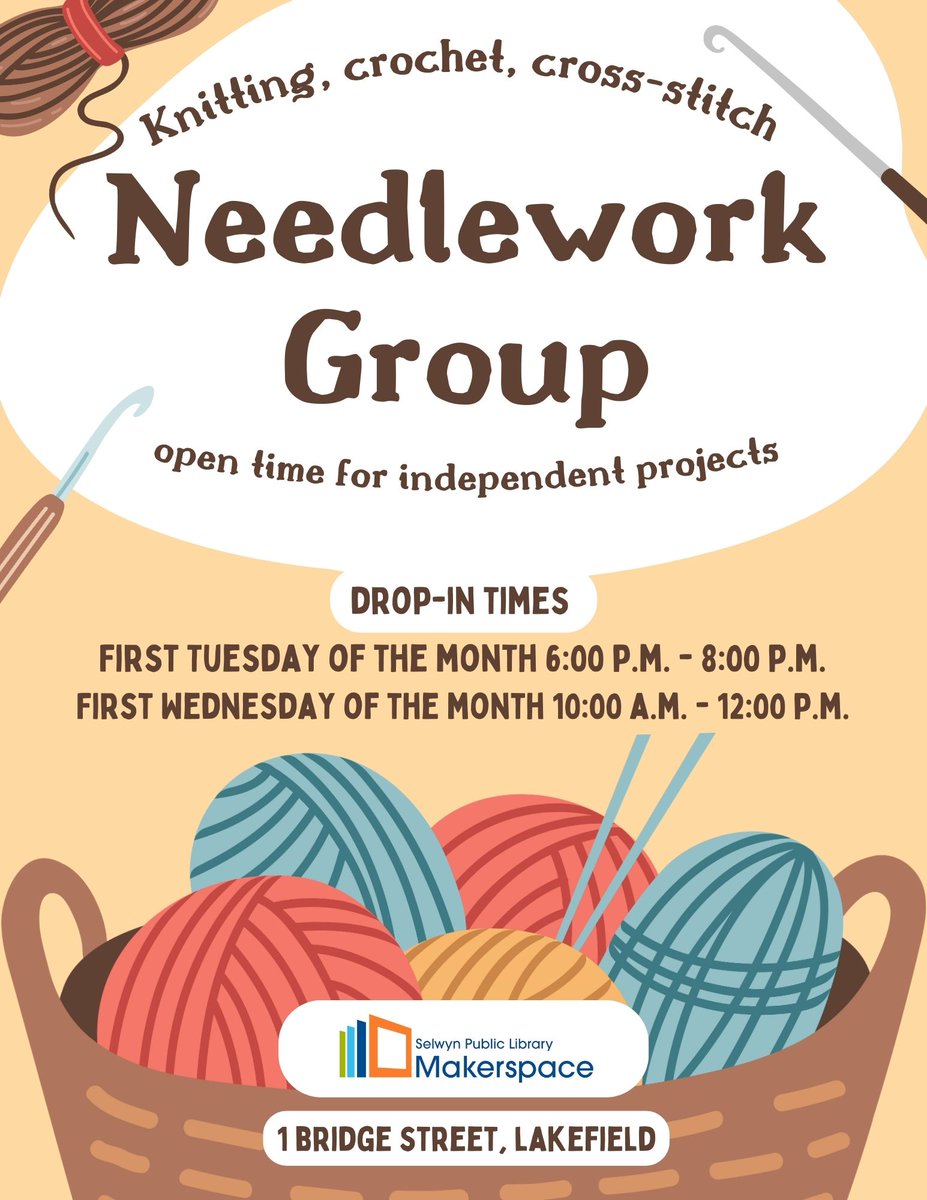 Join us for Needlework Group at the SPL Makerspace this Tuesday from 6pm to 8pm or Wednesday morning from 10am to 12 noon! Bring a project and enjoy!