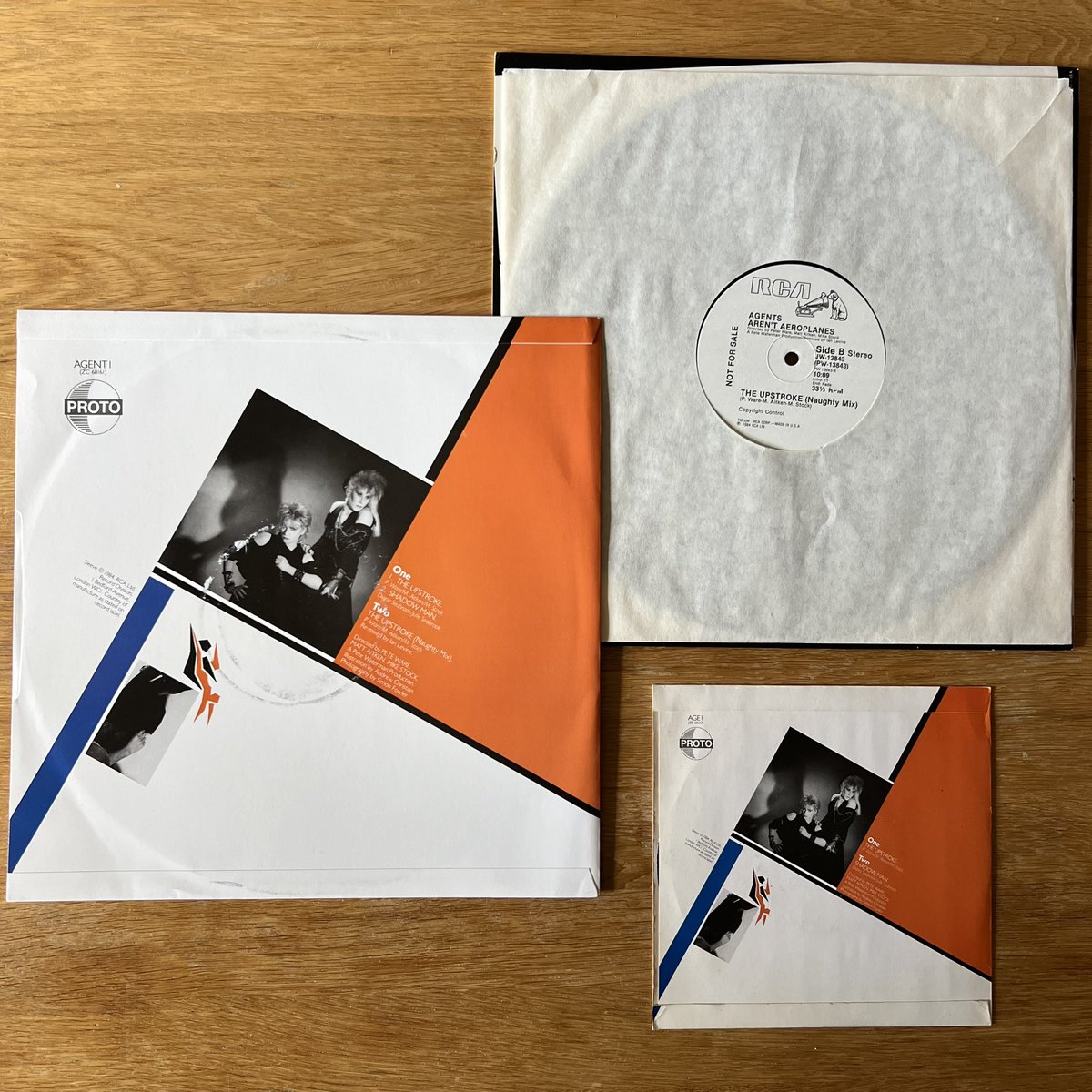 RetroPopBoy's tweet image. Here is the very first single produced by #StockAitkenWaterman: “The Upstroke”, by Agents Aren’t Aeroplanes. Released in 1984. Pictured are the UK 7” and 12”, and the US promo 12”. #SAWCollection #PWLCollection #PWL40 @PWLHitFactory @mikestockmusic @matt_aitken25 @PeteWatermanOBE