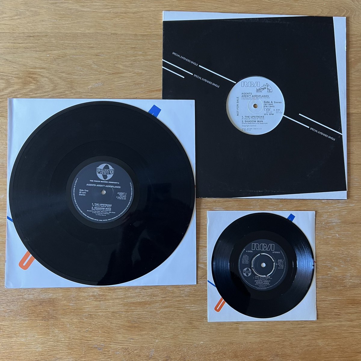 RetroPopBoy's tweet image. Here is the very first single produced by #StockAitkenWaterman: “The Upstroke”, by Agents Aren’t Aeroplanes. Released in 1984. Pictured are the UK 7” and 12”, and the US promo 12”. #SAWCollection #PWLCollection #PWL40 @PWLHitFactory @mikestockmusic @matt_aitken25 @PeteWatermanOBE