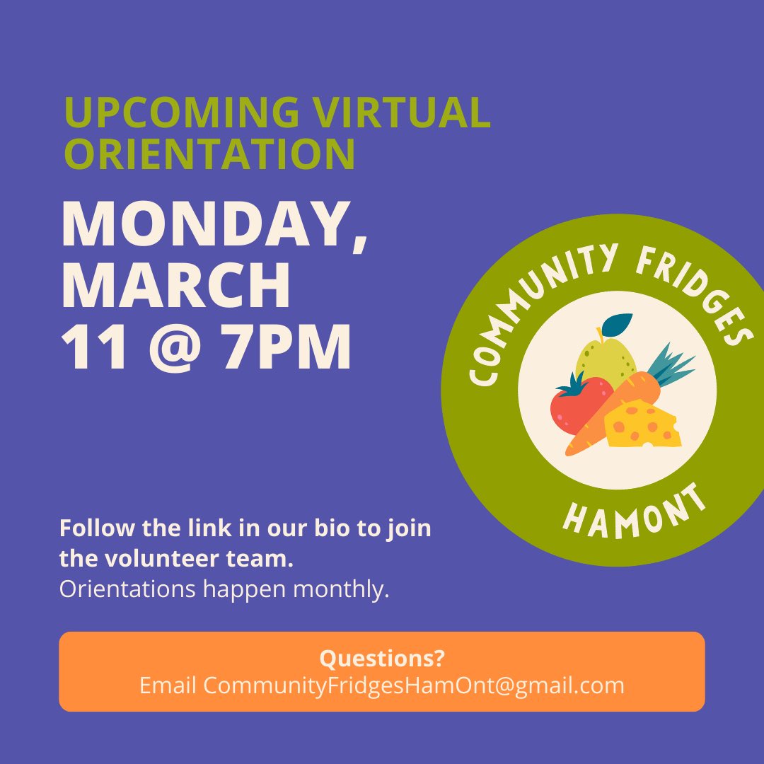 #HamOnt: Join us Monday, March 11th, at 7pm for the next (online) volunteer orientation. This is a great opportunity to learn how you can get involved with the Crown Point community fridge and our ongoing effort to support each other through mutual aid.