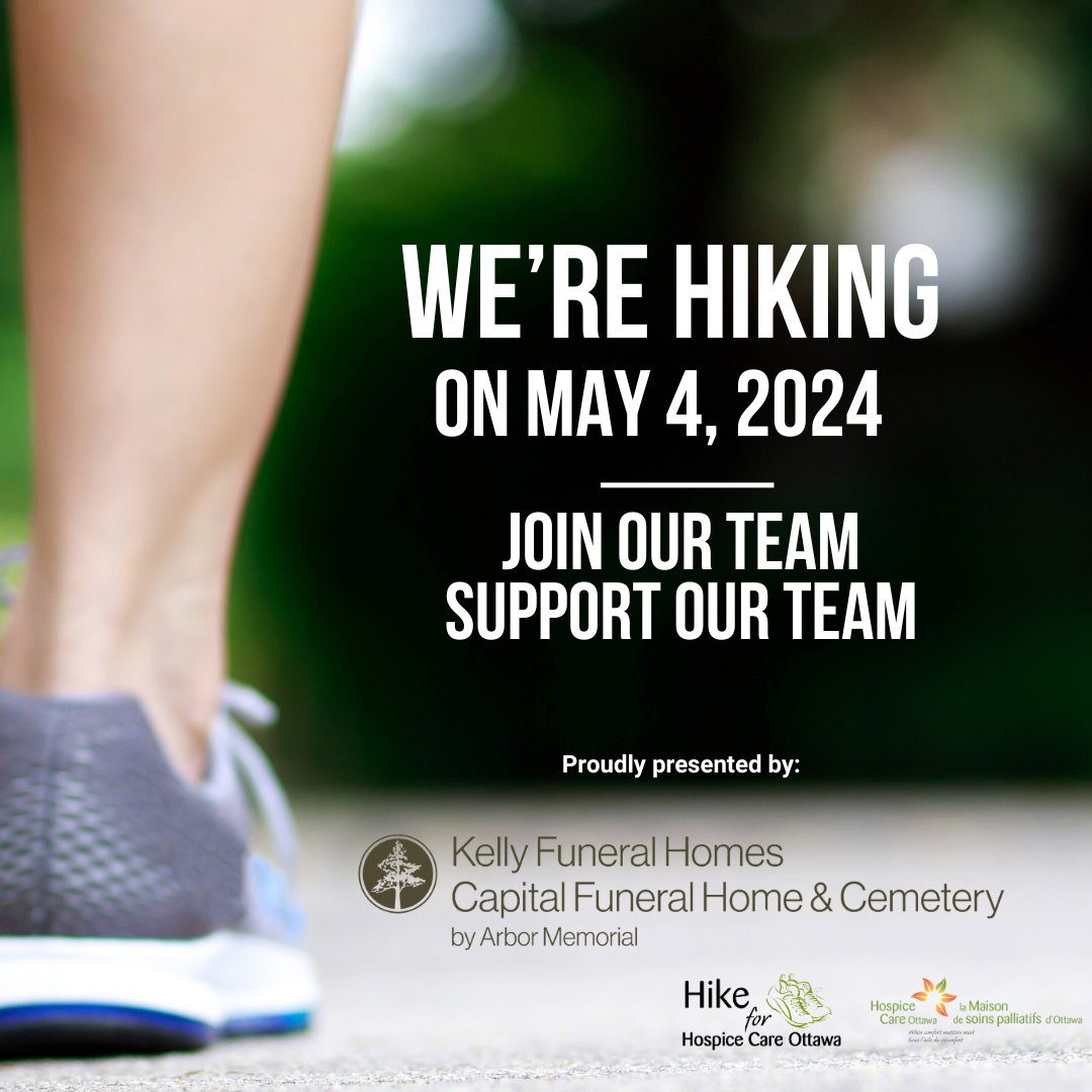 Join us for Hike for Hospice Care Ottawa, presented by Kelly Funeral Homes, Capital Funeral Home & Cemetery by Arbor Memorial on Saturday, May 4th at the Ron Kolbus Lakeside Centre! Grab your friends and family and start fundraising today: hospice-care-ottawa.givecloud.co/hike-for-hospi…