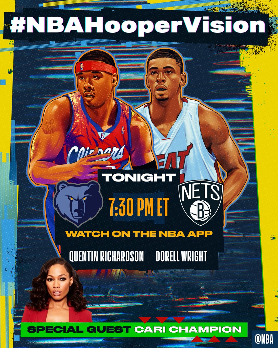 Hang out with @QRich, @DWRIGHTWAY1 and special guest @CariChampion for tonight's Grizzlies/Nets matchup on the NBA App!
 
Got a question for the #NBAHooperVision hosts? Ask with the hashtag on X for a chance to have it answered during the stream!
 
7:30pm/et ➡️…