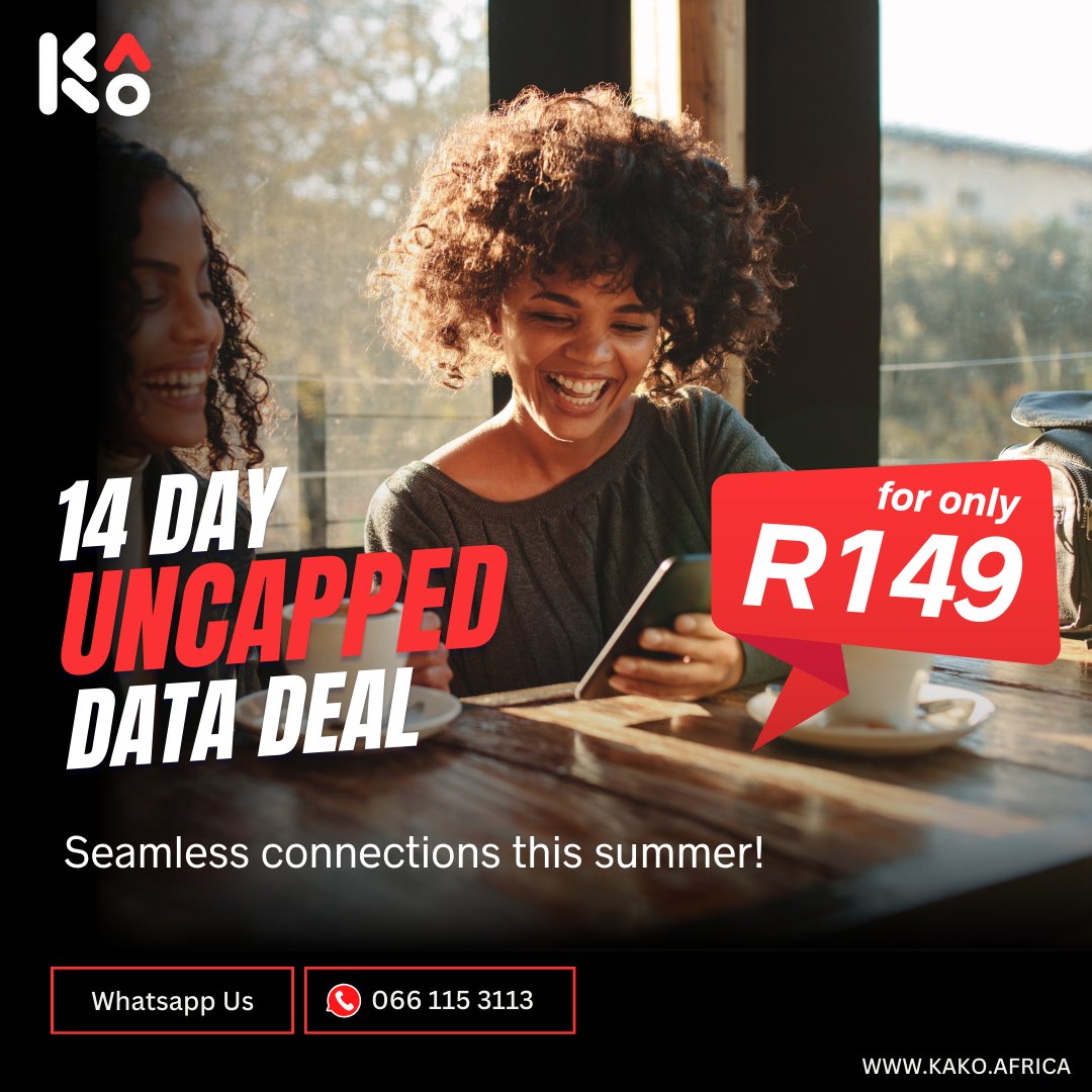 Dive into our exclusive 14 - Day Uncapped Data (Home Router) Deal at just R149 this season!

Connect with us on WhatsApp at 066 115 3113 to kickstart your journey to high-speed connections today!

#summerconnection #datadeals #unlimitedsummer #KaKo #johannesburg #joburg #gauteng