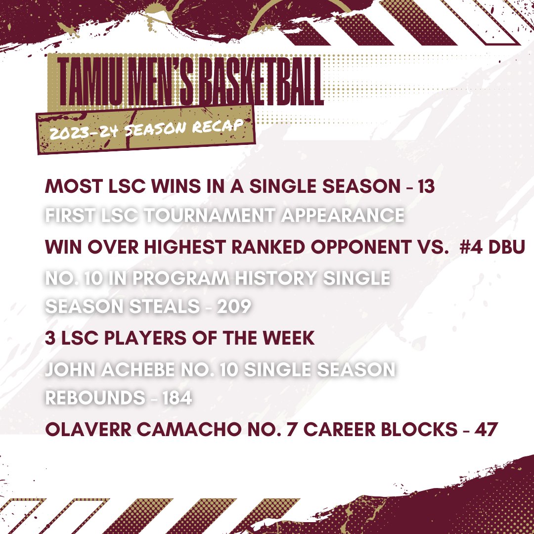 As TAMIU men's basketball prepares for their first LSC Tournament appearance, take a look at some of their accomplishments from the 2023-24 season! #dustem🤘