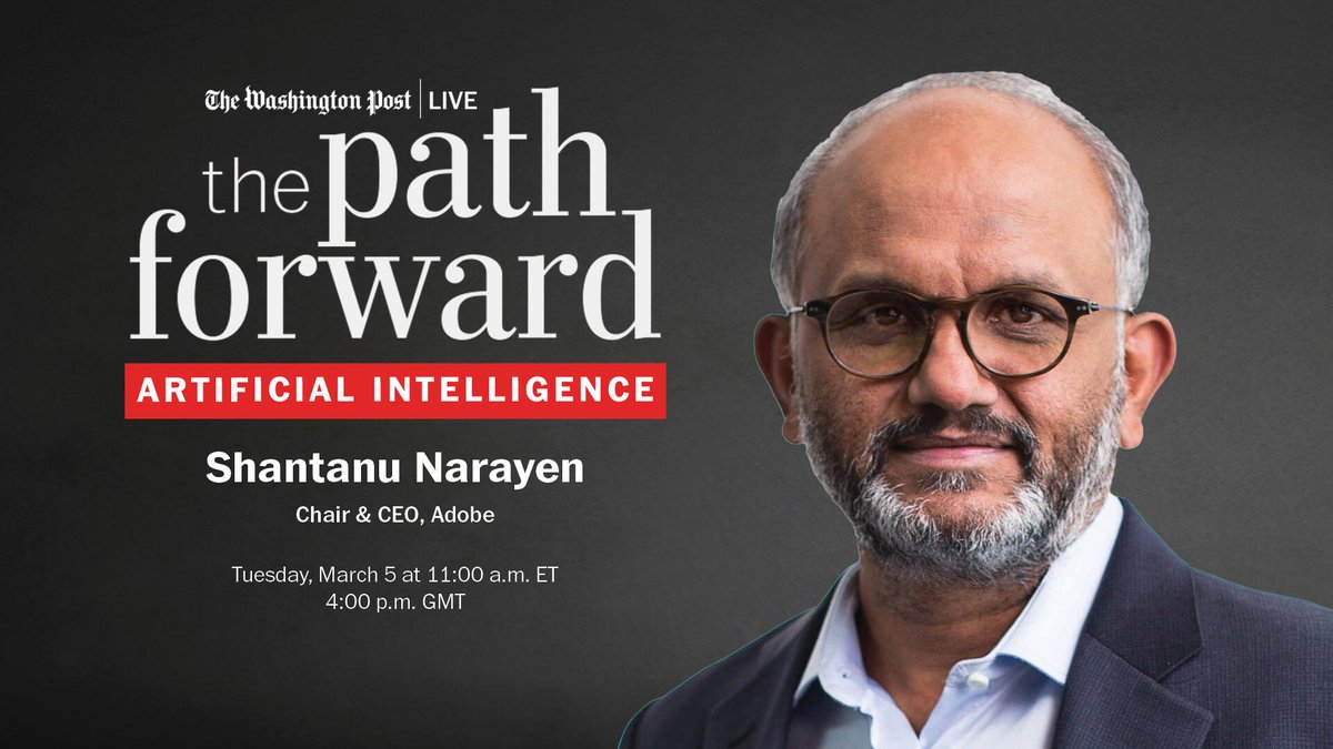 On Tuesday, Mar. 5 at 11:00 a.m. ET: @Adobe CEO Shantanu Narayen will join @geoffreyfowler to discuss AI, the company’s work to tackle misinformation and the balance between innovation and risk amid the advent of new technologies. Sign up to watch: ow.ly/AHWA50QL4PB