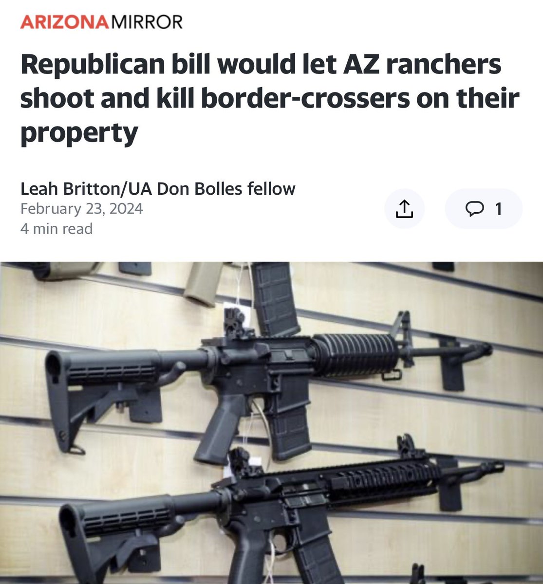 A new Arizona bill would let ranchers shoot and kill illegal aliens on their property

This lifesaving bill needs to be passed and here’s why

An Arizona rancher is now facing murder charges after he shot an illegal on his ranch from 100 yds away

Some of these ranch owners are