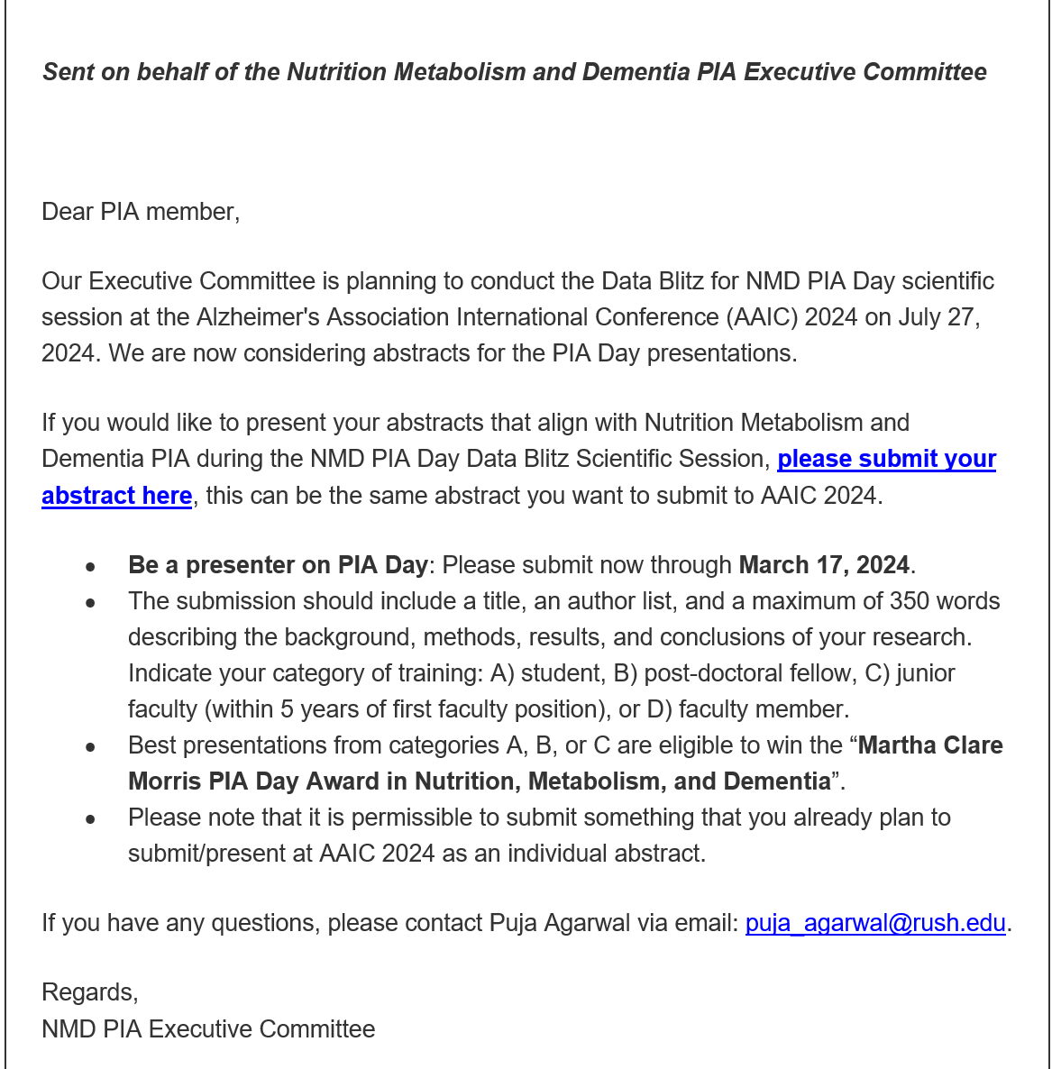 <a href="/NutritionPIA/">Nutrition, Metabolism and Dementia PIA</a> will have Data Blitz for <a href="/ISTAART/">ISTAART</a> #PIAday #AAIC2024. Submit your abstract: alz.surveymonkey.com/r/N2V2KX6 
Abstracts selected will also be eligible for the Martha Clare Morris PIA Day Award in Nutrition Metabolism and Dementia