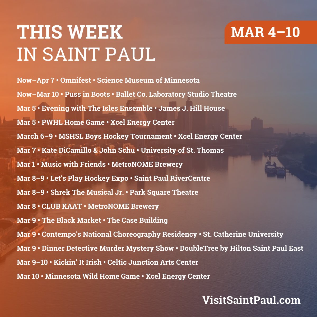 SaintPaul's tweet photo. Take a glimpse at this week’s happenings in #MySaintPaul! 🏙️ Keep up with the fun and subscribe to our Insider Newsletter for the latest on upcoming events, exclusive offers and more. 📩 » https://t.co/rlzlUEOXOs

#VisitSaintPaul #SaintPaul #StPaulMN #MNEvents https://t.co/DOwTd9QVx1