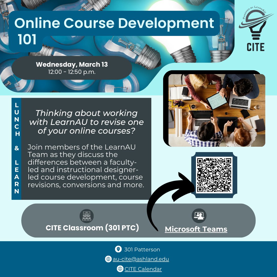 AU_CITE's tweet image. If you're working on a course—or thinking about it—don't miss our March 13 session! Attend Online Course Development 101 to learn about key terms & the #coursedevelopment process with the #instructionaldesigners. 🤔 Grab lunch & head over to the CITE Classroom next Thursday! 🍱