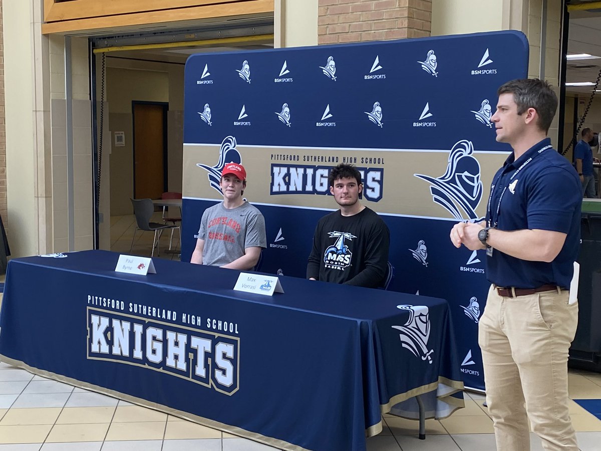 Congratulations to Paul Byrne and Max Vorrasi from @SHSBSBL on committing to play at the next level. Paul is heading to Cortland and Max will be at UMASS Boston. Congratulations! #PittsfordPride.