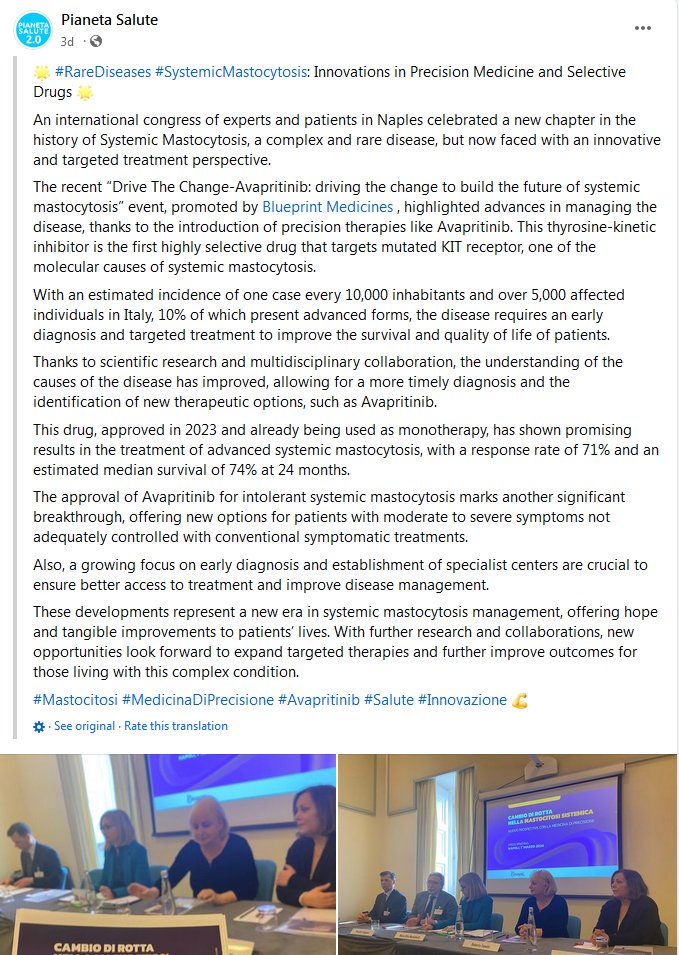 $BPMC 5K systemic mastocytosis (SM) patients in Italy alone

An international congress of experts and patients in Naples held an event: “Drive The Change-Avapritinib: driving the change to build the future of systemic mastocytosis”

facebook.com/PianetaSalute/…