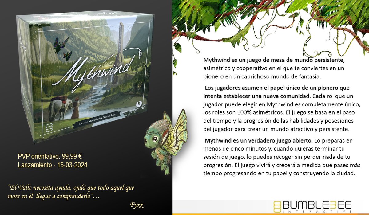 Bumble3ee_Int's tweet image. 📢 El próximo 15 de marzo llega por fin #Mythwind, un juego  que te invita a explorar y construir un mundo de fantasía lleno de magia, misterio y aventura..

¿Quieres saber más?  ℹ️ 👉bit.ly/3uL3EGE

#juegodemesa #Bumble3ee