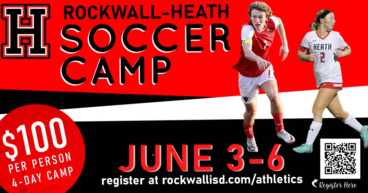 @SoccerHeath and @HeathBoysSoccer hosting camp for incoming K-9th grades, June 3-6th at Heath HS. Register on the QR code below or at rockwallisd.com/athletics @RHHSHawks @RISDAthletics @ROCOgameday @RHHSHawks