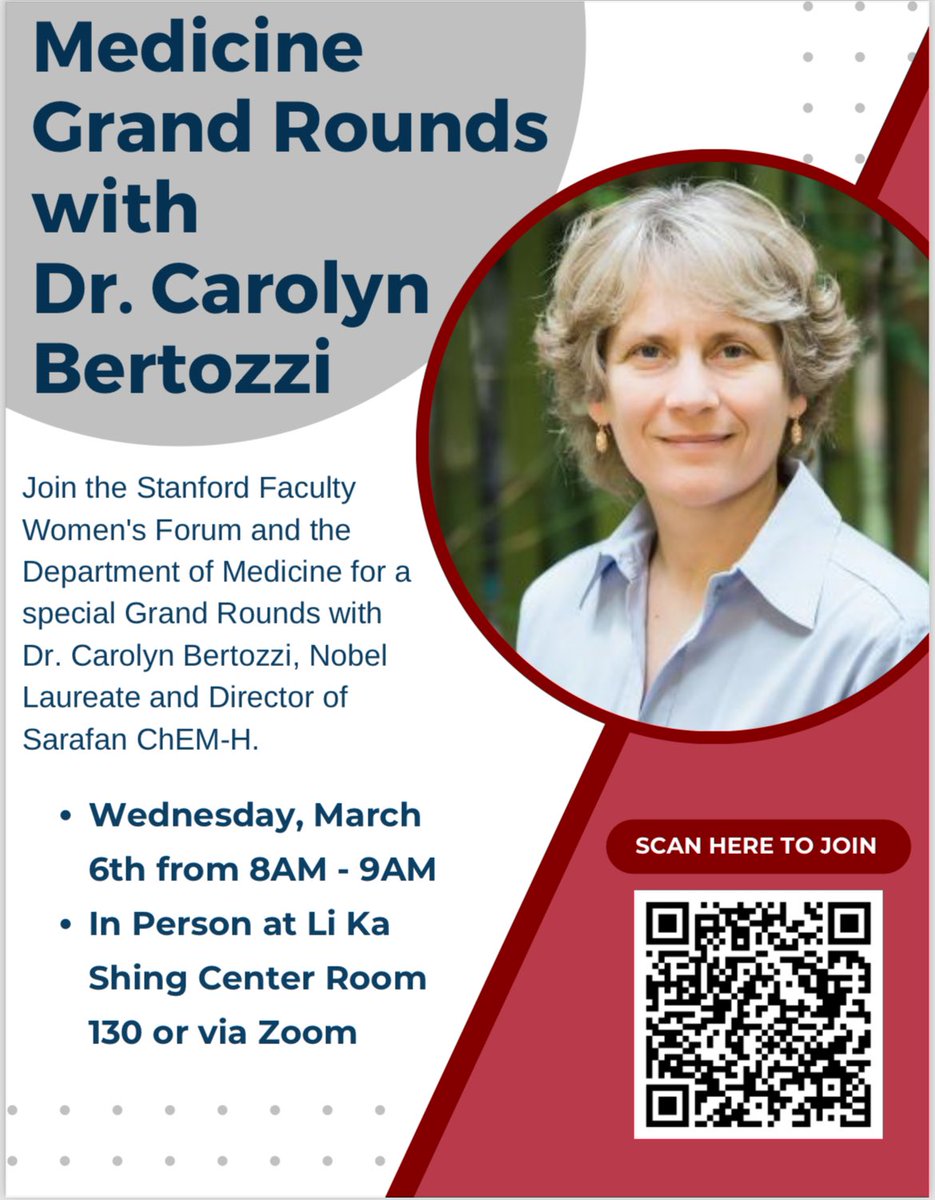 So excited for #WomenHistoryMonth to hear @CarolynBertozzi Director of @Stanford_ChEMH and @NobelPrize 2022 winner speak this Wednesday for @StanfordDeptMed Grand Rounds Join us!