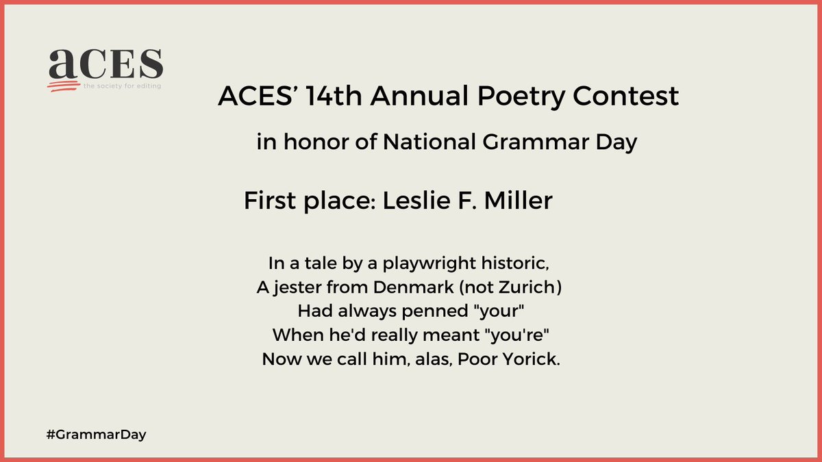 Congratulations to Leslie F Miller, ow.ly/hi0u50QL5io, who has won ACES' 14th annual poetry contest in honor of #GrammarDay. Read her poem and the other top nine at ow.ly/eKvj50QL5ik. Long live Hamlet! linkedin.com/in/grammargirl/ @grammargirl facebook.com/GrammarGirl