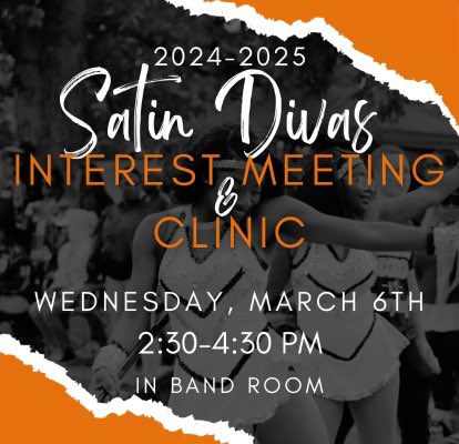 Interested in joining the Satin Divas (a.k.a the Flag Line for the Marching Legion) next year?? Come to our interest meeting and clinic this Wednesday from 2:30-4:30! No previous experience needed, just bring clothes you can move in!! We are excited to see you there!
