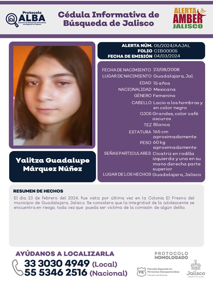 ProtocoloAlba's tweet image. #ProtocoloAlbaJal solicita tu apoyo para la búsqueda y pronta localización de YALITZA GUADALUPE MÁRQUEZ NUÚÑEZ, de 15 años de edad al momento de su desaparición.

Si tienes alguna información comunícate al 911 o al 3837-6000 ext. 16140, 16143, 16145, 16146 y 16149.