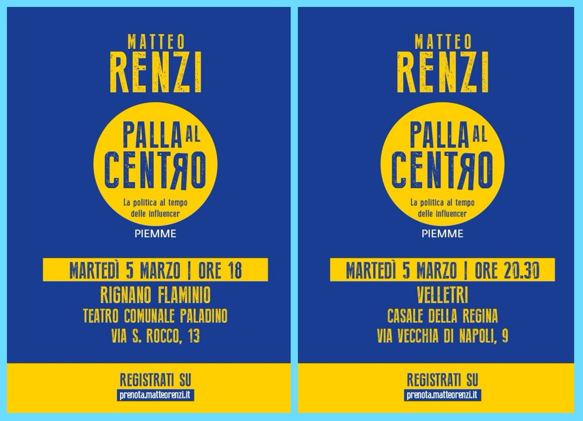 Domani #5marzo, doppio appuntamento con il tour di #PallaAlCentro: 
Alle 18,00 #RignanoFlaminio 
alle 20,30 
#Velletri.