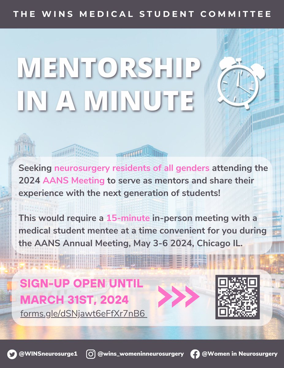 WomenInNSGY's tweet image. Excited for #AANS2024 in Chicago? Calling all NSGY residents! 📣 Be a mentor for Mentorship In a Minute. Just 15 minutes of your time can shape future neurosurgeons! All genders welcome. Sign up now! 

docs.google.com/forms/d/e/1FAI…

#MentorshipInaMinute #Neurosurgery