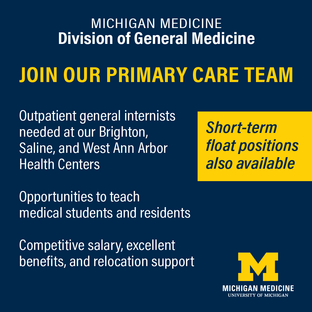 UMIntMed's tweet photo. General Medicine is hiring board certified/board eligible internists to join our team! We are committed to transforming primary care delivery to provide high value, accessible, and patient centered care.

https://t.co/WF3X8T8QXy https://t.co/jR1kO2z5k2