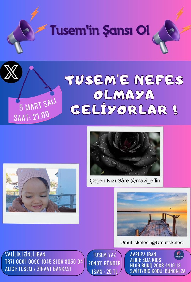Sevgili Twitter Ailem 🍀
 Değerli <a href="/mavi_eflin/">Çeçen kızı Sâre Edâ</a>  ve <a href="/Umutiskelesi/">Ｕｍｕｔ İｓｋｅｌｅｓｉ⚓</a> yarın bana nefes olmaya geliyor🥹Küçücük bedenimle verdiğim bu savașta ellerimden tutun ki yașayayım. Hepinizi umut olmak adına dayanışma yayınımıza bekliyoruz🎉🥰
