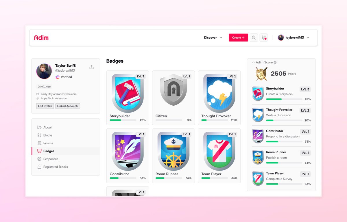 It's hard to prove your track record as an up-and-coming creator. How can you quantify your creative efforts and show off your accomplishments?

Enter - Adim Score. Designed to represent the value of your creative and collaborative contributions to the community. Your score