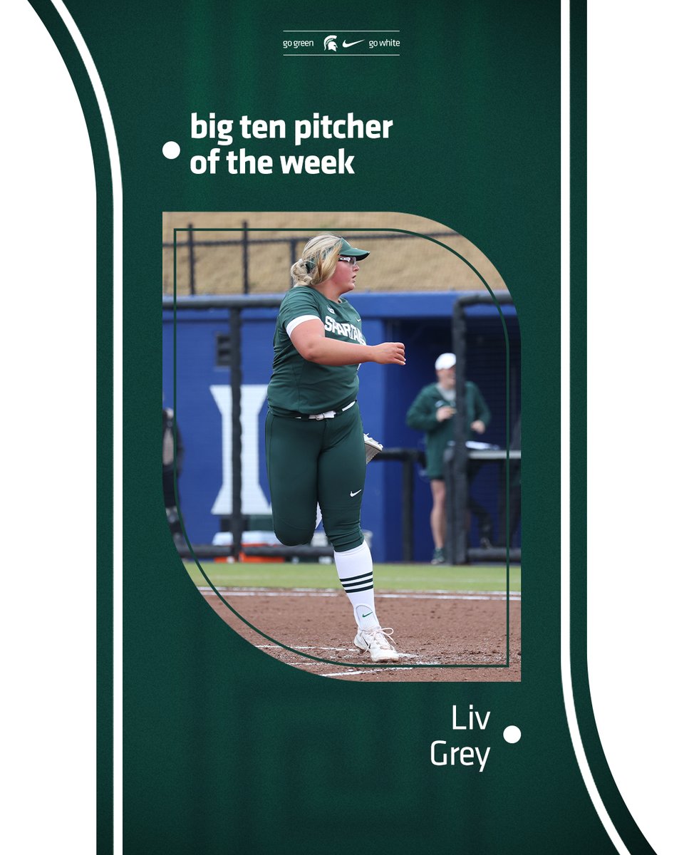 Liv Grey is your @B1GSoftball Pitcher of the Week! Grey went 3-0 last week with a 0.00 ERA and a .90 WHIP, striking out 28 batters in 16.2 innings of work. Opposing batters hit just .094 against her. 📰: sprtns.co/43331EU #GoGreen | #SpartanUp