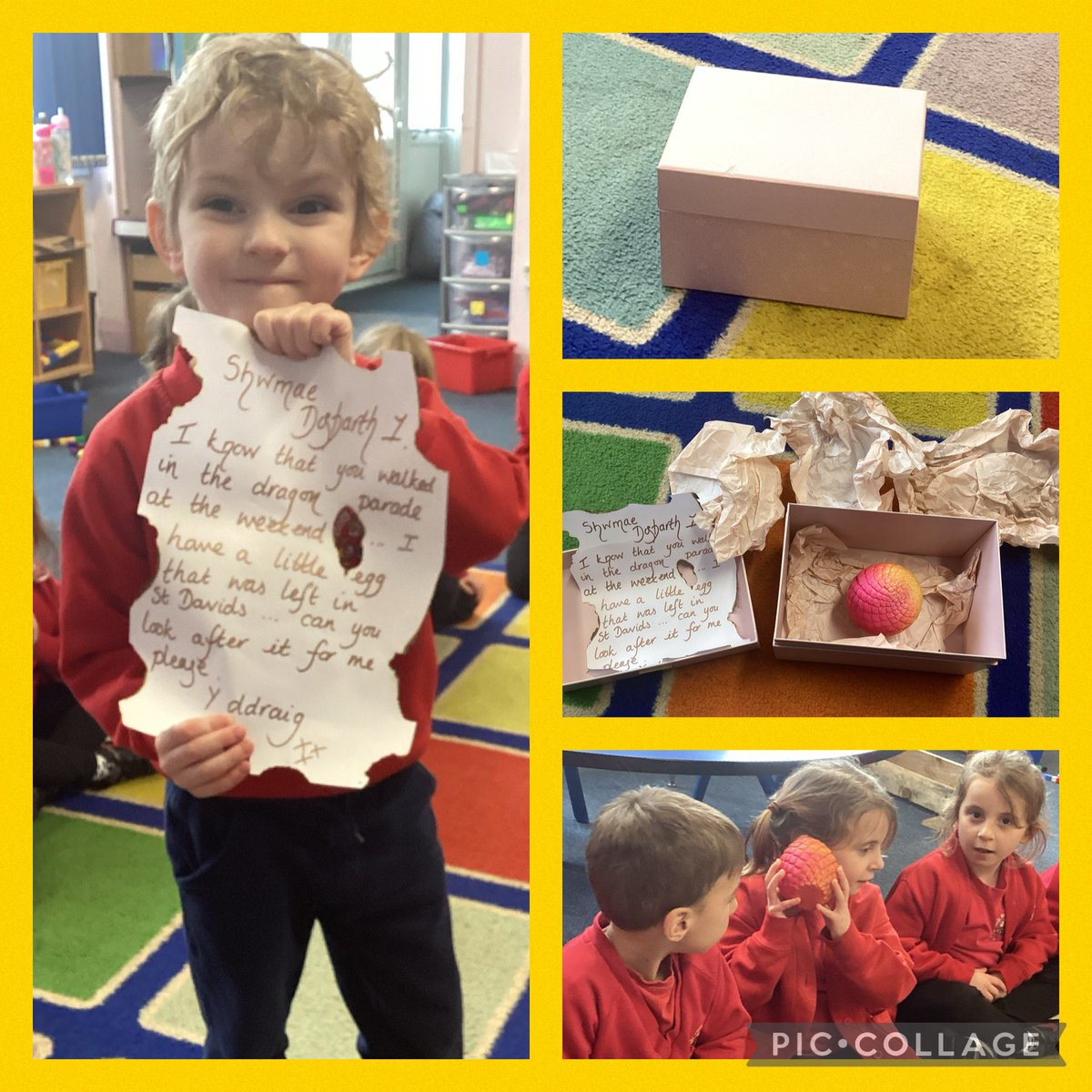 Rhywbeth anhygoel wedi cyrraedd heddiw! We were excited when a dragons egg arrived in school today. We are going to look after it. We hope a dragon will hatch.